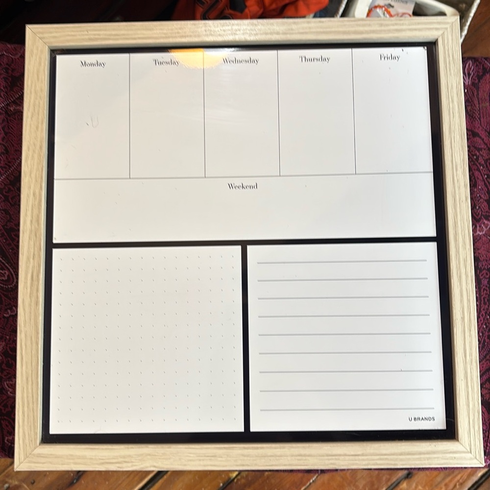 Dry eraser board, week calendar.